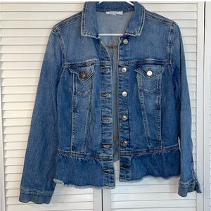 CHICOS size 1 or 8-10 Jean jacket with ruffles bottom.